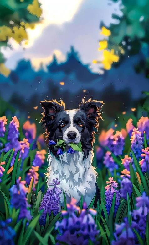 唯美插画风边境牧羊犬·紫色花海治愈系手机壁纸