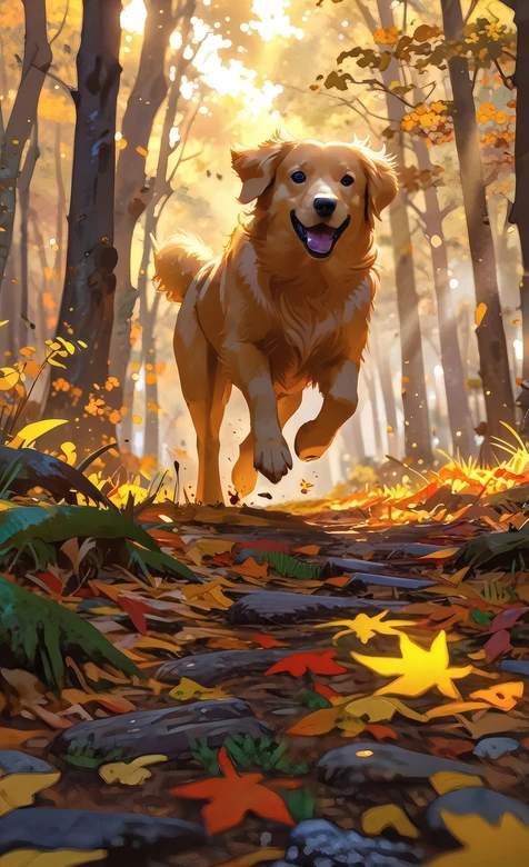 金毛犬秋日森林奔跑·唯美治愈系手机壁纸