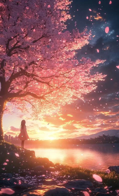 少女·樱花树·湖景日落 二次元唯美黄昏手机壁纸