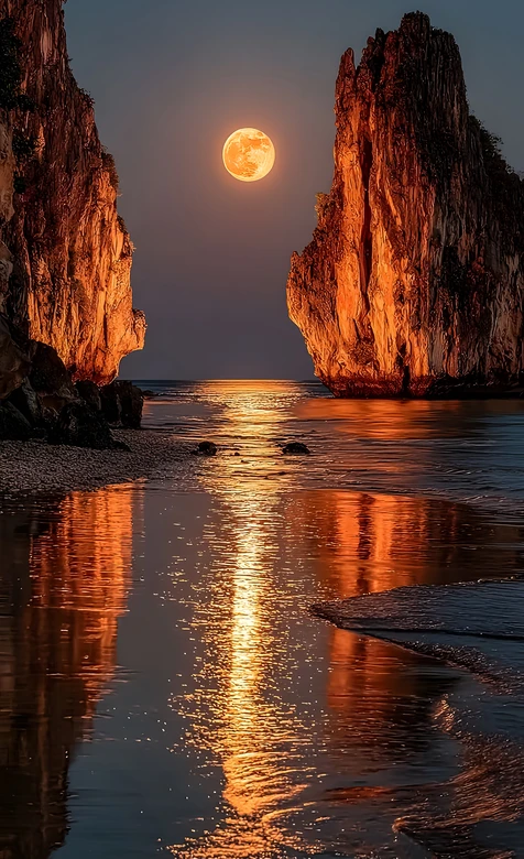 海边岩壁满月倒影·唯美写实 治愈月夜海景壁纸