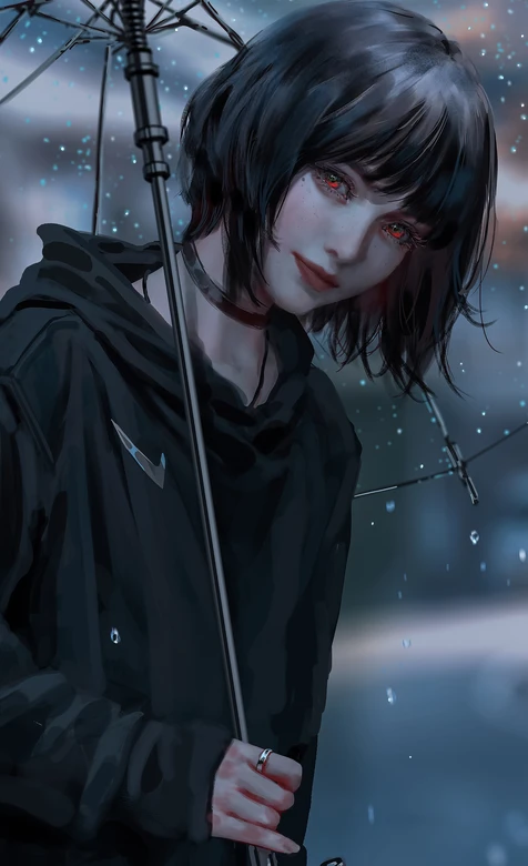 暗黑写实风短发少女·红瞳撑伞 雨天氛围感高人气壁纸