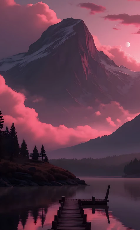 山湖栈道·雪山粉云唯美意境 竖屏风景热门壁纸