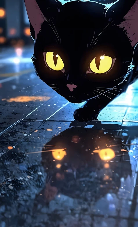 暗黑赛博风黑猫·金黄眼眸雨夜倒影 潮流手机壁纸