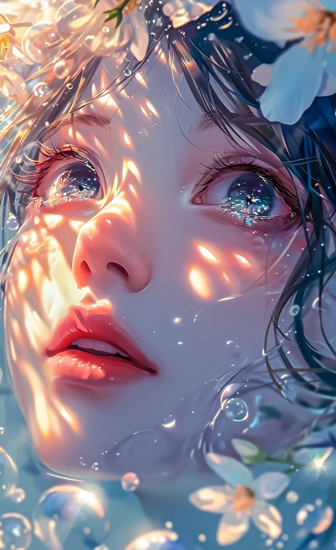 梦幻水下少女·花瓣气泡光影·唯美插画风治愈系手机壁纸