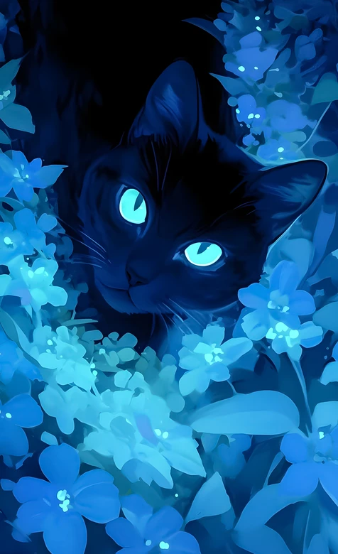 黑猫·荧光蓝眼匿蓝花 唯美暗黑系手机壁纸
