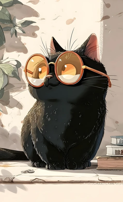 戴复古圆框眼镜的黑猫咪·手绘插画风·治愈系萌宠壁纸