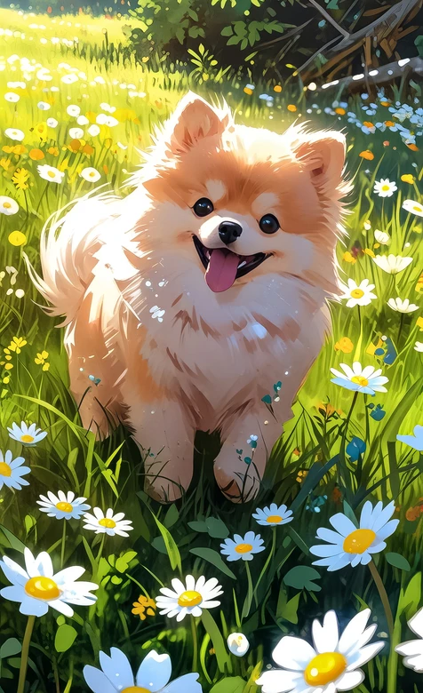 博美犬·笑容治愈 花草原野唯美风 高清新手机壁纸