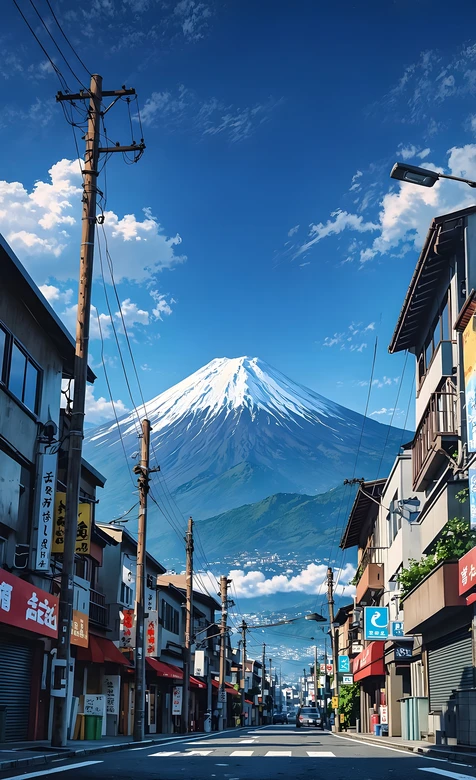 富士山日式市井街道 日系清新写实手机壁纸