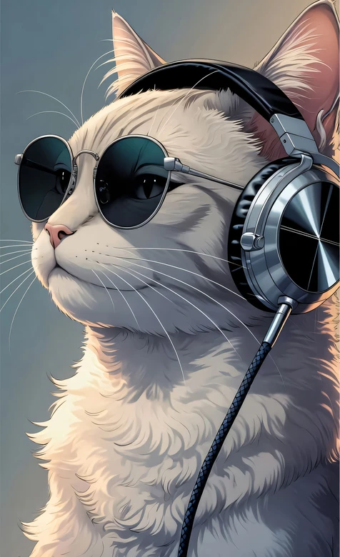 精致写实风白猫·戴墨镜耳机 潮流宠物手机壁纸