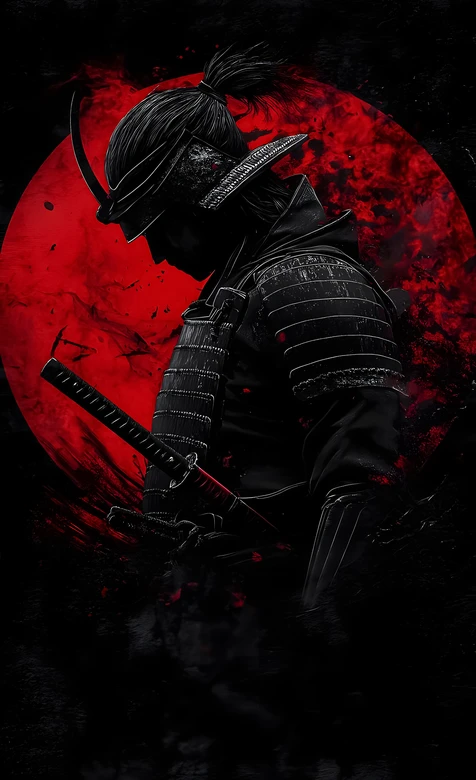 暗黑日式盔甲武士·红月背景 高人气武士壁纸