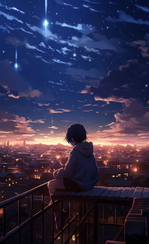 二次元短发少年独坐屋顶 城市星空流星唯美夜景壁纸
