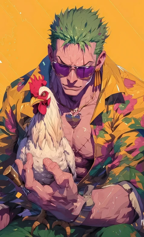 罗罗诺亚·索隆 绿发墨镜抱公鸡 海贼王插画风高人气手机壁纸