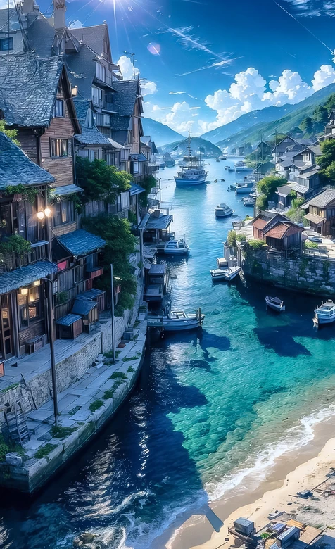 二次元河畔渔村小镇·唯美动漫风水乡场景 高热度手机壁纸