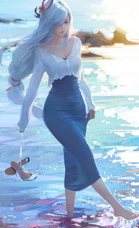 银发狐耳少女·海边踏浪 唯美二次元治愈系手机壁纸