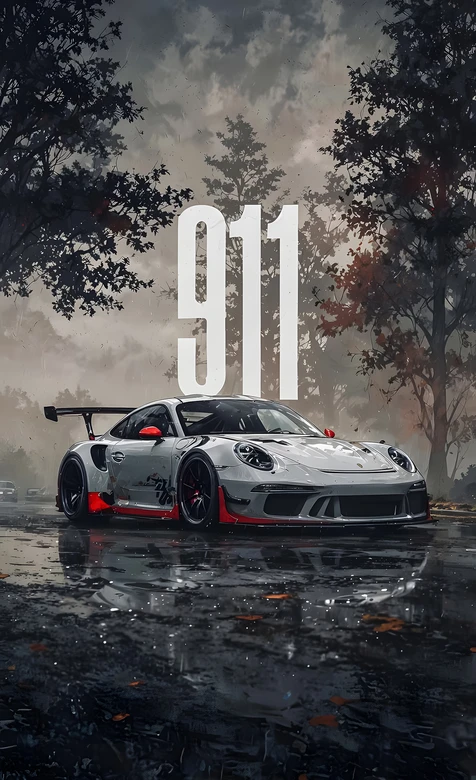 保时捷911跑车·暗黑写实风 雨夜树林机械感壁纸 高质感跑车壁纸