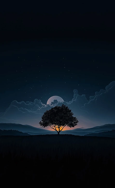 星空月夜孤树山峦唯美静谧风高适配手机壁纸