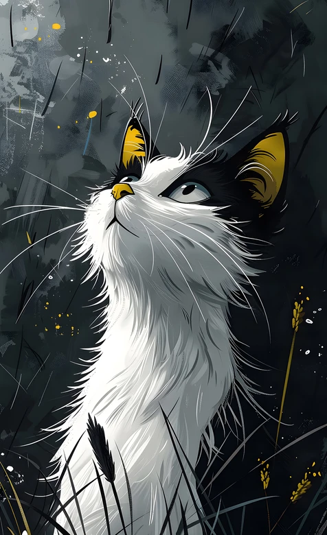 黑白猫咪仰头望雨·暗黑艺术插画风 雨夜草间壁纸精选