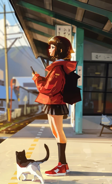 短发少女·红外套黑裙+猫咪 国漫风日系车站治愈系手机壁纸