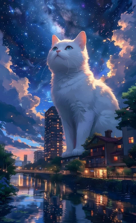巨型白猫·城市河道星空 唯美梦幻二次元夜景猫咪壁纸