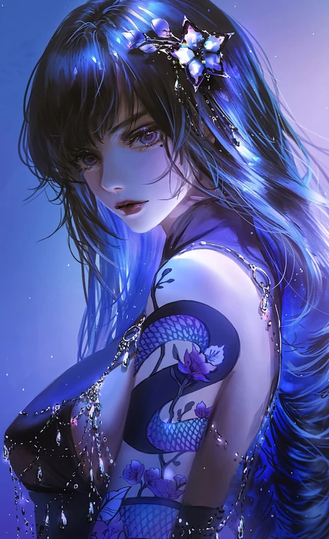 蓝发蛇纹花饰少女·二次元唯美梦幻超仙手机壁纸