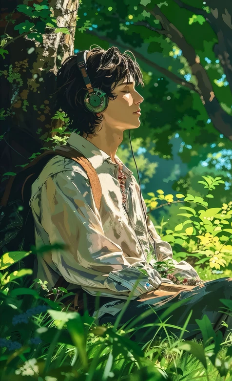 闭眼戴耳机的森林帅哥·唯美治愈风 自然小憩手机壁纸