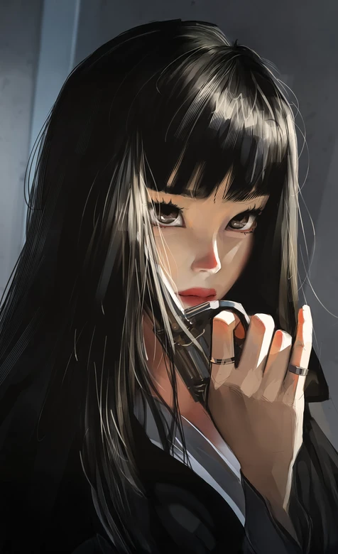 黑长直刘海少女·暗黑写实风原创插画 高质感手机壁纸