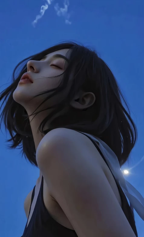 原创CG短发少女仰首·静谧蓝调写实风 治愈系壁纸