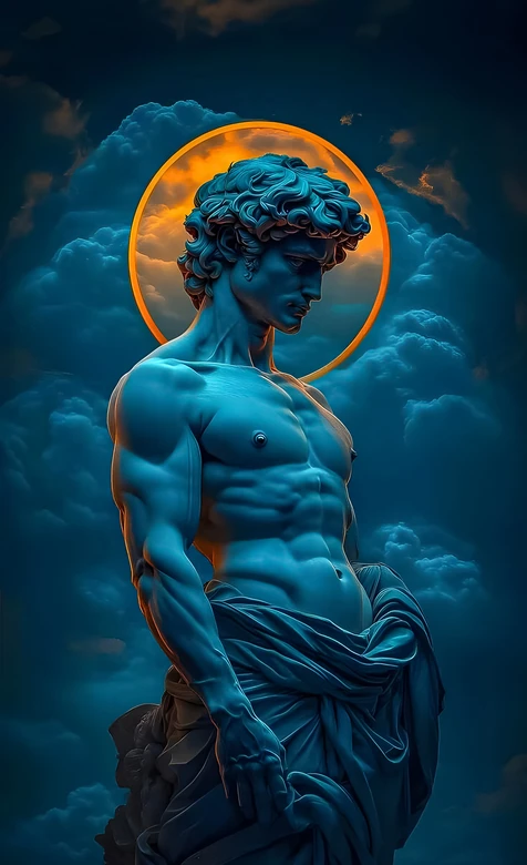 大卫雕像·肌肉身躯 梦幻蓝调光环云层 超火手机锁屏背景