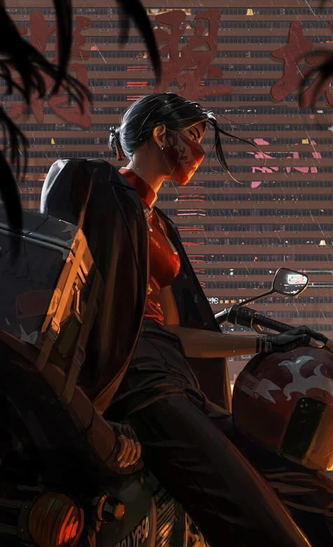 赛博国风机车少女·雨夜都市 国漫插画 赛博朋克手机壁纸