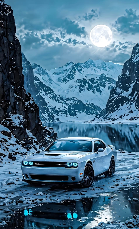 道奇挑战者·雪山月夜湖景 写实唯美雪景汽车壁纸