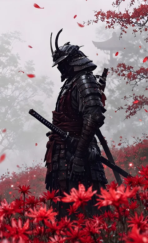 暗黑甲胄武士·红枫花海迷雾意境手机壁纸