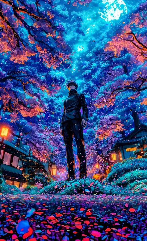 五条悟·眼罩黑衣 炫彩樱花月夜 咒术回战动漫壁纸