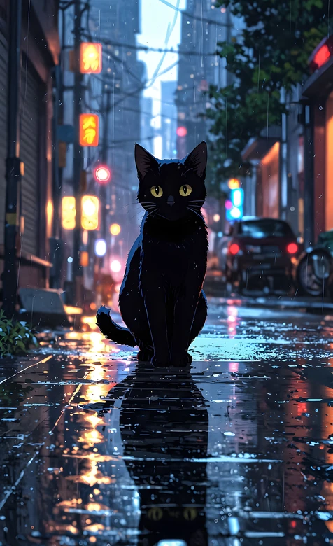 黑猫金黄眼眸·雨夜都市霓虹插画 雨夜街景手机壁纸