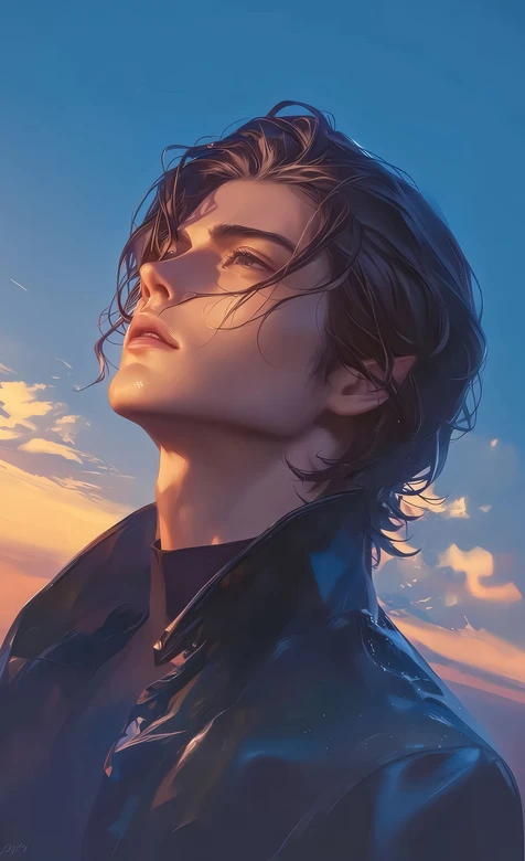 精灵耳帅哥·黄昏蓝天 唯美写实风 高热度手机壁纸