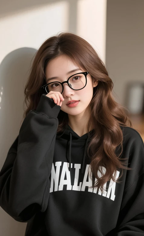 清新唯美长发女生·黑框眼镜黑色连帽衫 温柔氛围感手机壁纸