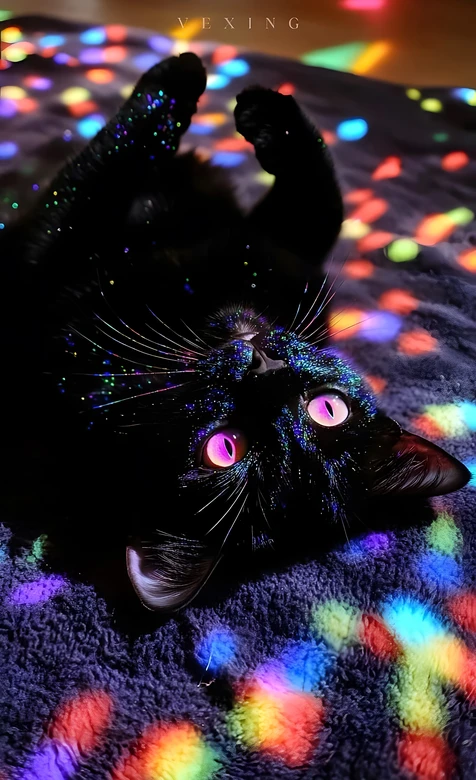 黑猫·粉瞳霓虹光斑 梦幻炫彩风 超火手机壁纸