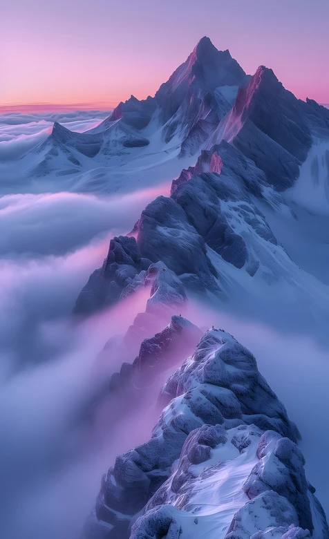 唯美梦幻雪山云海·粉紫霞光环绕的自然奇景 热门手机壁纸