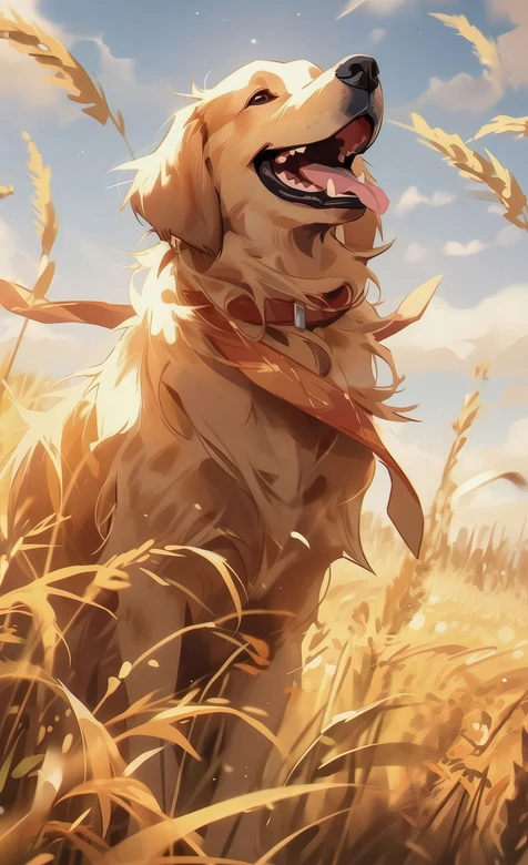 金毛犬·暖系插画风·麦田间治愈系手机壁纸