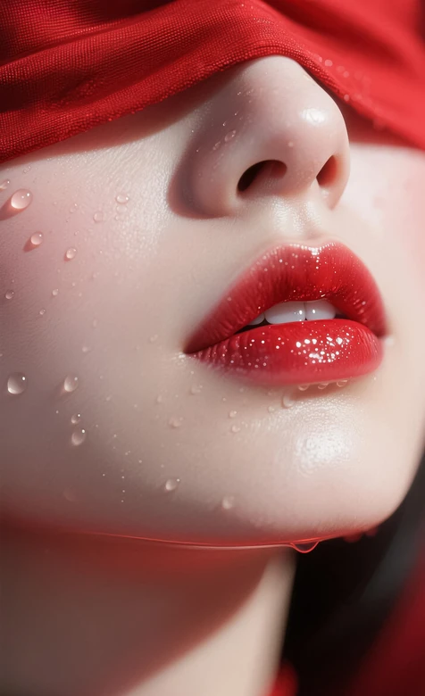 唯美写实人物特写·红布蒙眼红唇水滴 高质感人像手机壁纸