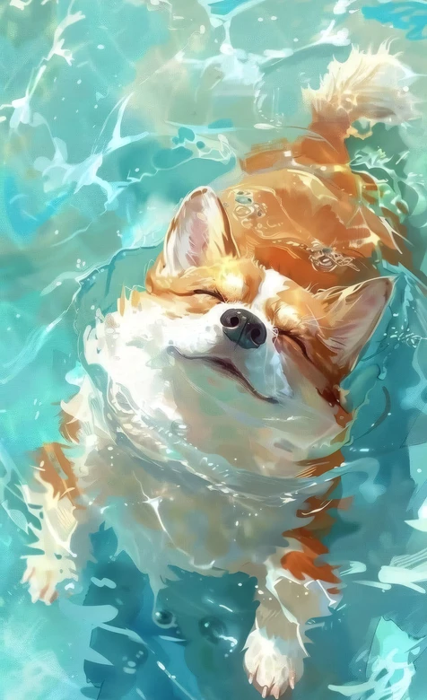 萌系柯基·水彩治愈游泳 高质感宠物手机壁纸
