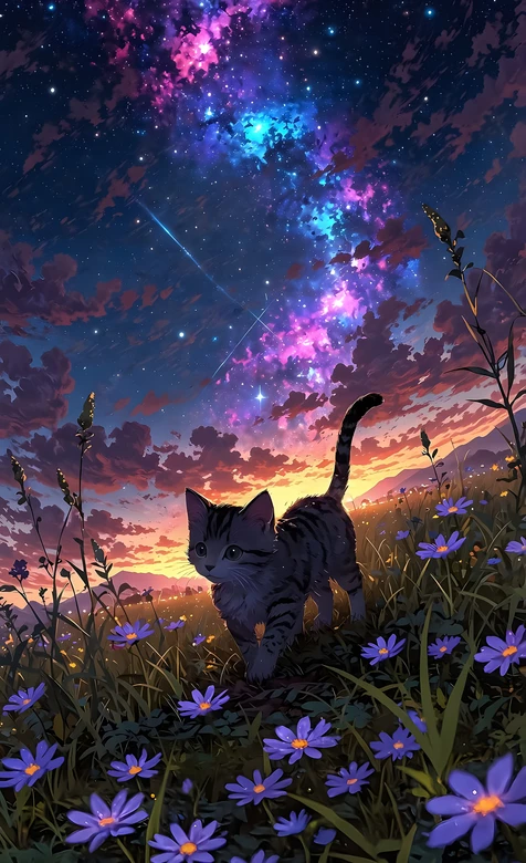 条纹小猫·花海星空 二次元唯美治愈系星空猫咪壁纸