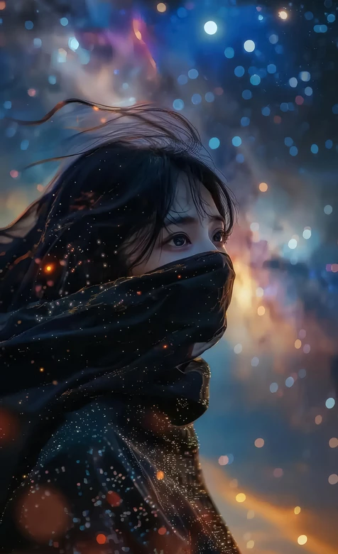 蒙面少女·星空披风 梦幻唯美夜光斑手机壁纸