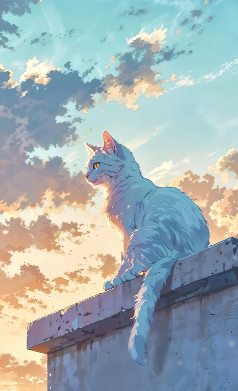 白猫·天台眺黄昏 唯美二次元治愈风手机壁纸