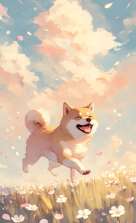 柴犬·笑靥奔跑 唯美治愈插画风花田手机壁纸