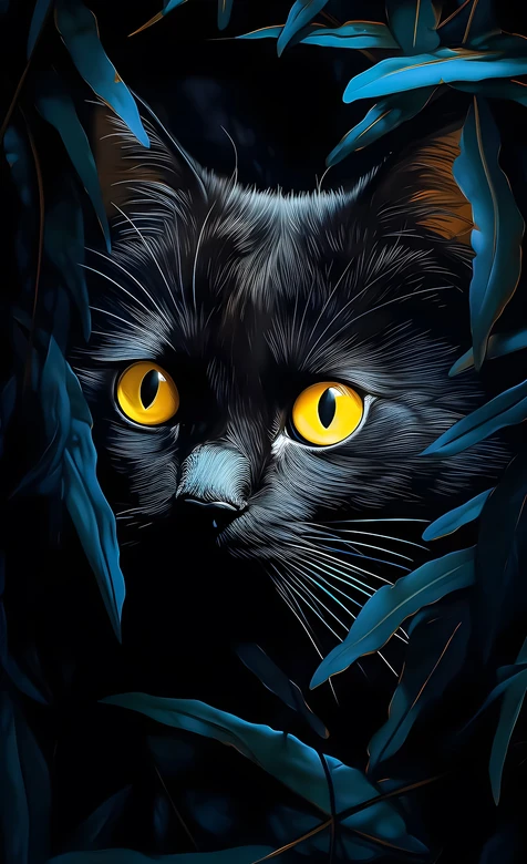 黑猫金黄眼眸暗黑写实风 神秘丛林猫系壁纸