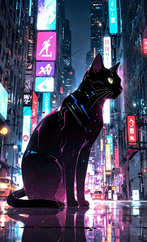赛博朋克黑猫·霓虹都市夜景 赛博风手机壁纸