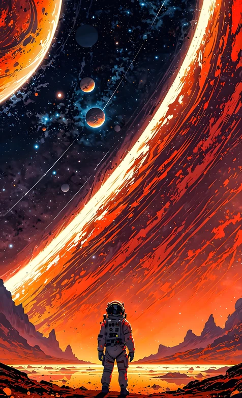 宇航员·异星眺望宇宙星河 科幻插画风超震撼宇宙探险手机壁纸