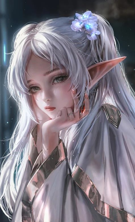 银发精灵少女·唯美写实原创插画 梦幻精灵手机壁纸