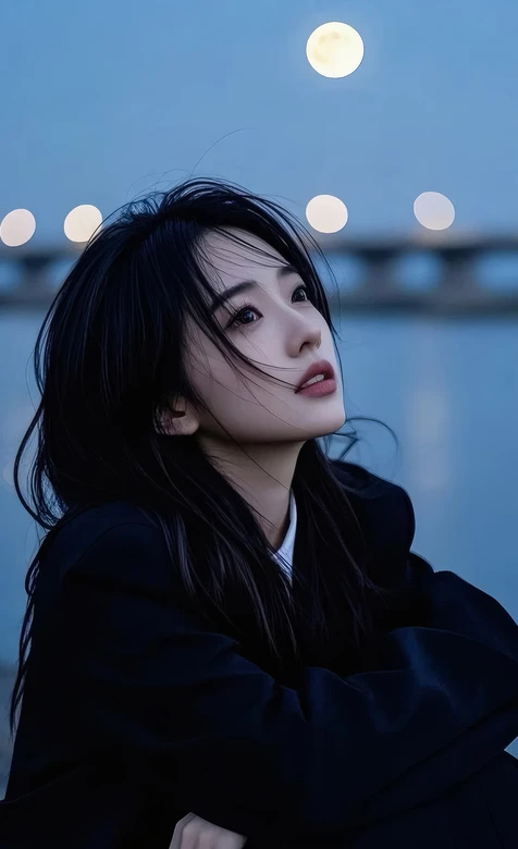 清冷系长发少女·月夜江景 氛围感手机壁纸热选