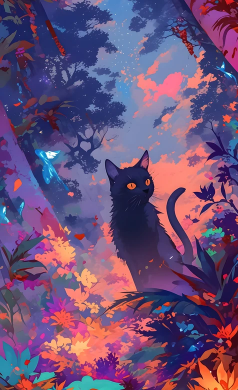 奇幻森林橙眼黑猫 梦幻插画风手机锁屏壁纸